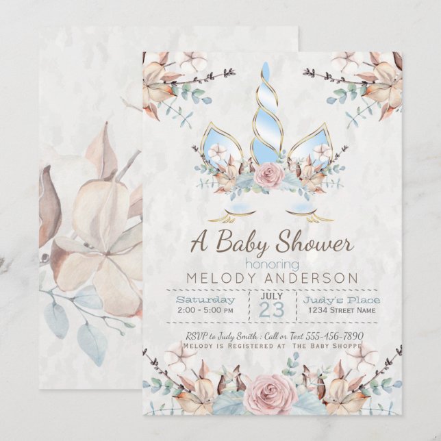 BOHO Woodland Blommigt Unicorn Baby Shower Blue Inbjudningar (Fram/baksida)