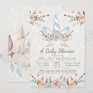 BOHO Woodland Blommigt Unicorn Baby Shower Blue Inbjudningar