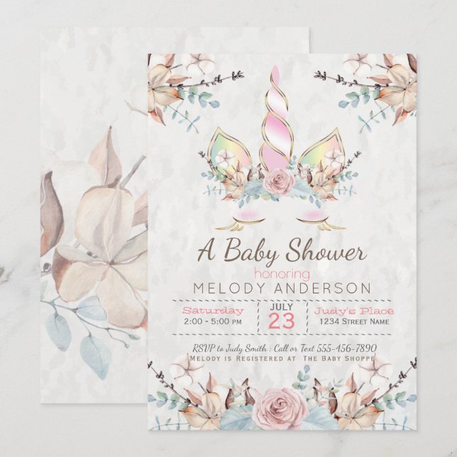 BOHO Woodland Blommigt Unicorn Baby Shower Rosa Inbjudningar (Fram/baksida)