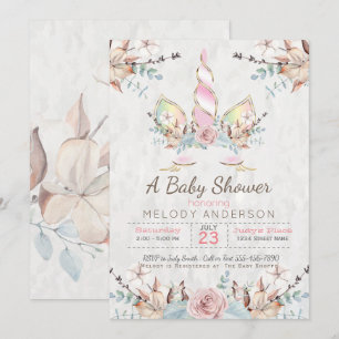 BOHO Woodland Blommigt Unicorn Baby Shower Rosa Inbjudningar