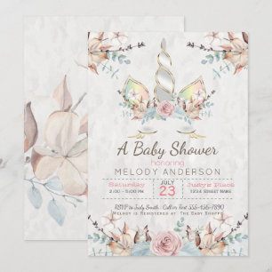 BOHO Woodland Blommigt Unicorn Baby Shower Soft Gr Inbjudningar
