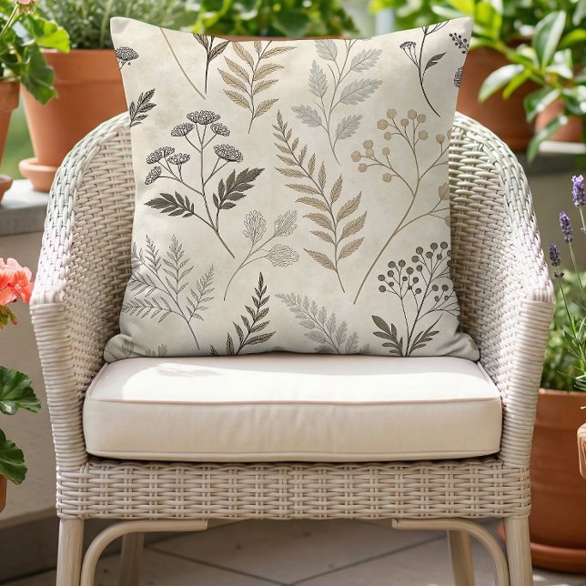Boho Woodland Botanisk Beige Neutral Kudde (Skapare uppladdad)