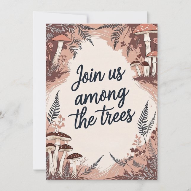 Boho Woodland Bröllop Card med svampar och dykrar Inbjudningar (Framsida)
