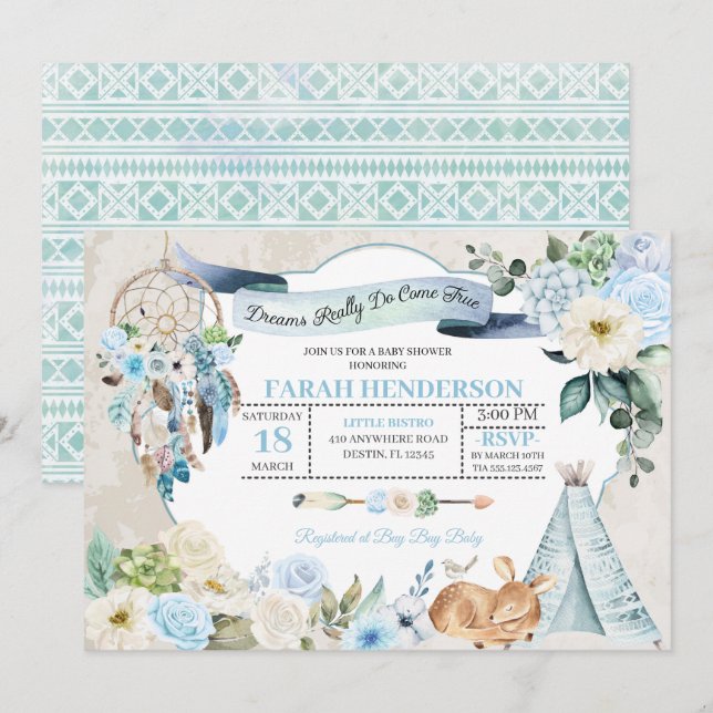Boho Woodland Dreamcatcher Baby Shower-inbjudan Inbjudningar (Fram/baksida)