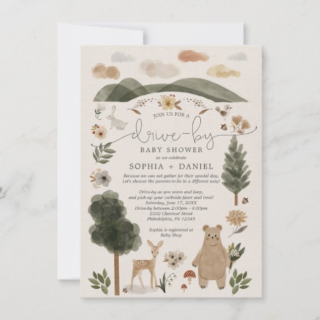 Boho Woodland Drive-by Baby Shower-inbjudningskort Inbjudningar (Framsida)