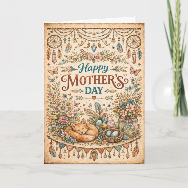 Boho Woodland Floral Mothers Day Helgkort (Framsida)