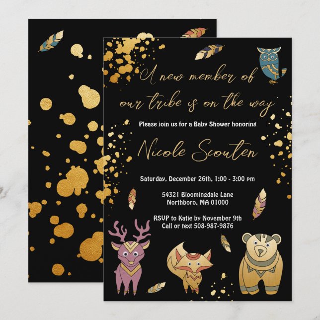 Boho Woodland Forest Animals Metallic Baby Shower Inbjudningar (Fram/baksida)