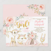 Boho Woodland Forest Rosa Guld Blommigt Baby Showe