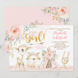 Boho Woodland Forest Rosa Guld Blommigt Baby Showe Inbjudningar