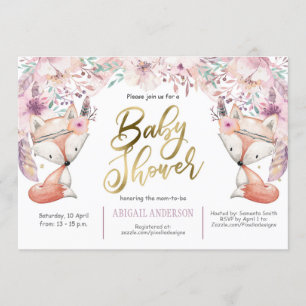Boho, Woodland Fox, Blommigt, Flicka Shower Inbjudningar