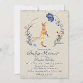 Boho Woodland Fox Watercolor Glitter Baby Shower Inbjudningar