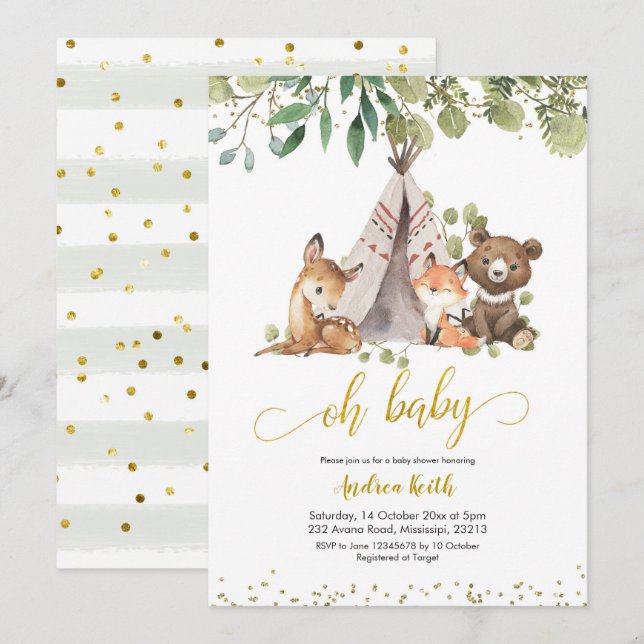 Boho Woodland Greenery Baby Shower-inbjudan Inbjudningar (Fram/baksida)