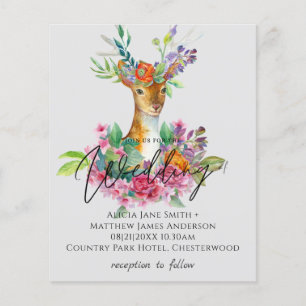 Boho Woodland Hjort Blommigt budgetBröllopsinbjudn Flygblad