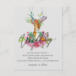 Boho Woodland Hjort Blommigt budgetBröllopsinbjudn Vykort