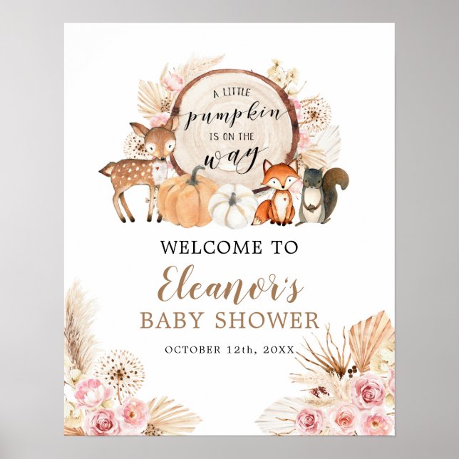 Boho Woodland Pumpkin Baby Shower Välkomstskylt Poster (Framsidan)