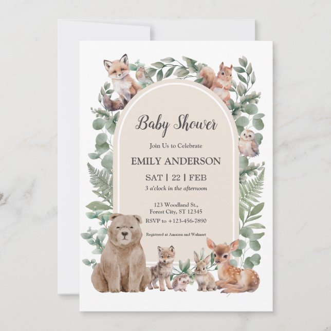 Boho Woodland Skogs Djur Baby Shower Inbjudan (Framsida)