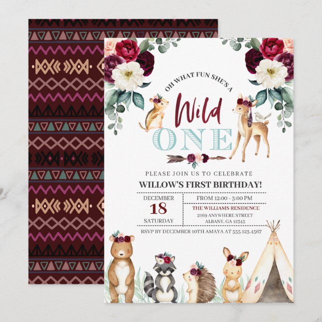 Boho Woodland Vild en första födelsedagsinbjudan Inbjudningar (Fram/baksida)