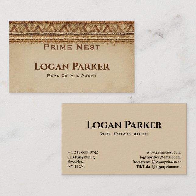 Boho Woven Texture Real Estate Business Card Visitkort (Fram/baksida)
