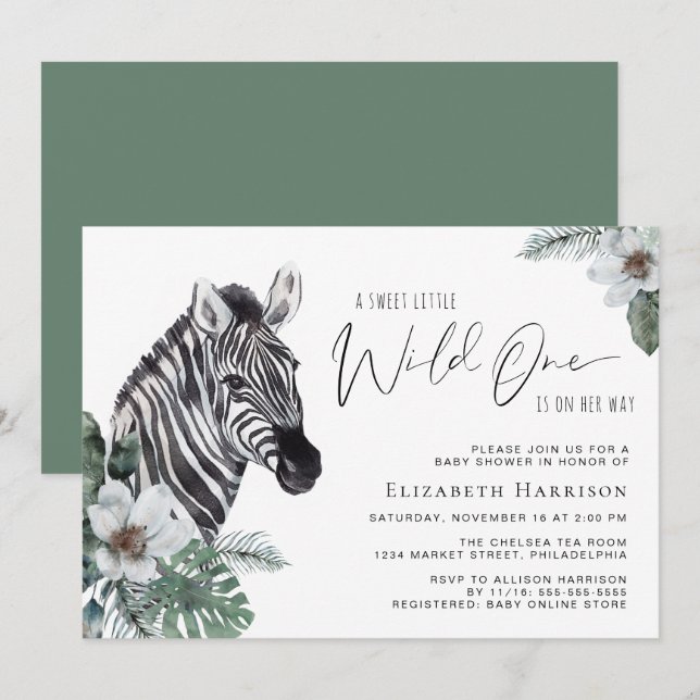 Boho Zebra Blommigt Watercolor Baby Shower Inbjudningar (Fram/baksida)