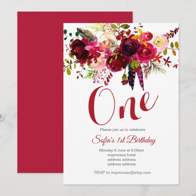 bohochic blommigt födelsedagsfest inbjudan (Fram/baksida)