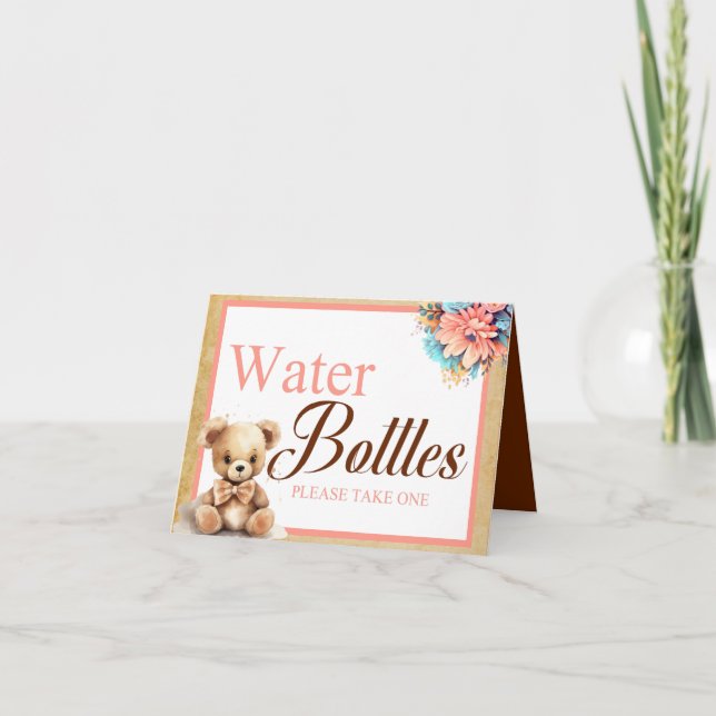 BohoPink Bear Baby Shower Vattenflaska Bord Kort (Framsida)