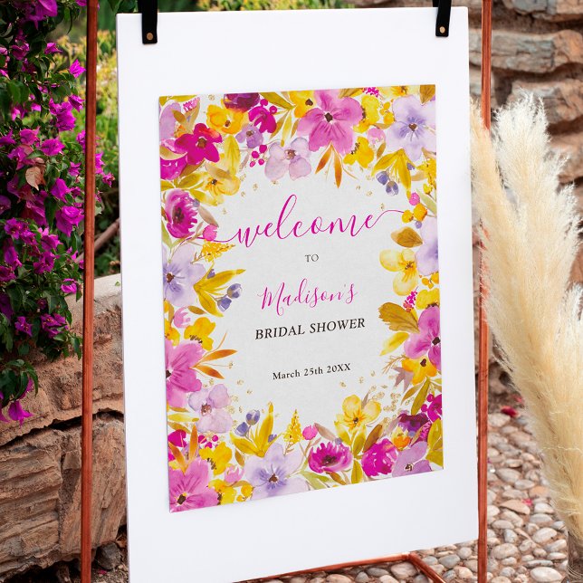 Bohos moderna lila blommigt välkomnar möhippa poster (Boho modern purple floral welcome bridal shower poster)