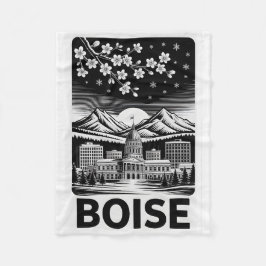 Boise Skyline Black and White Woodcut Winter  Fleecefilt