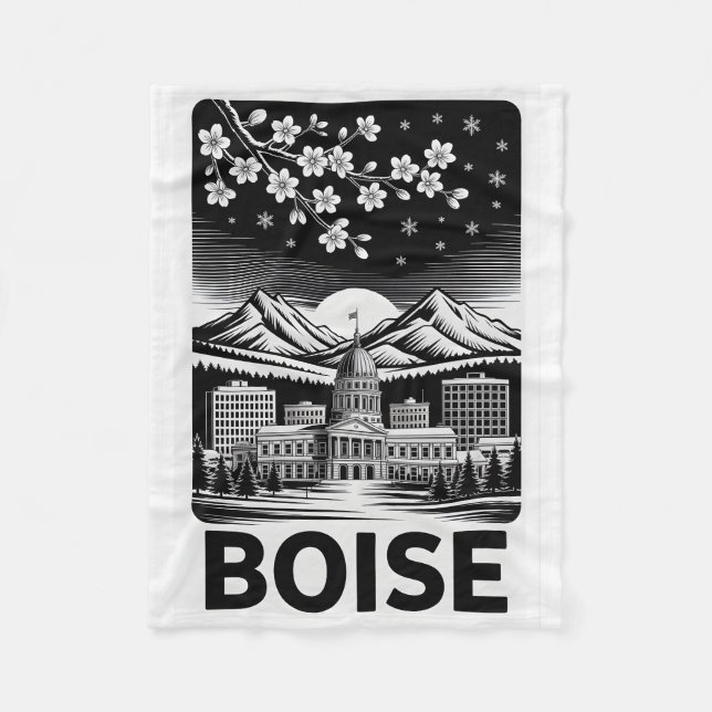 Boise Skyline Black and White Woodcut Winter  Fleecefilt (Framsidan)