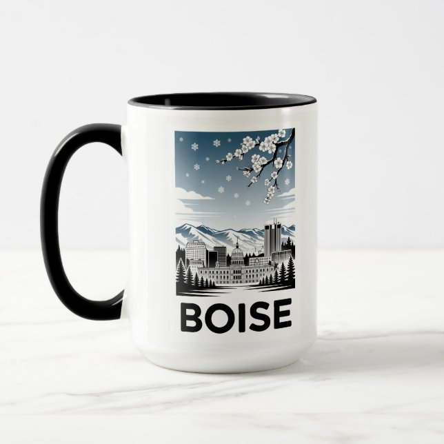 Boise Skyline Svart och Vitt Träsnitt Vinter  Mugg (Vänster)