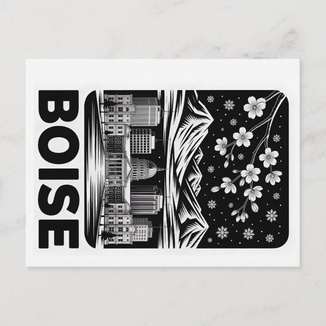 Boise Skyline Svart och Vitt Träsnitt Vinter  Vykort (Framsida)