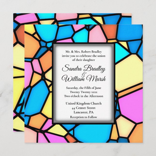 Böjd inbjudan till glasmosaikbröllop (Fram/baksida)