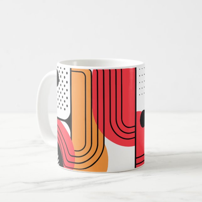 Böjd linje med röda och orange geometriska former kaffemugg (Framsida vänster)