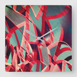 Böjd röd rosett band över blåaktigt grått fyrkantig klocka