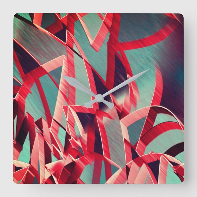 Böjd röd rosett band över blåaktigt grått fyrkantig klocka (Framsida)