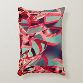 Böjd röd rosett band över blåaktigt grått prydnadskudde