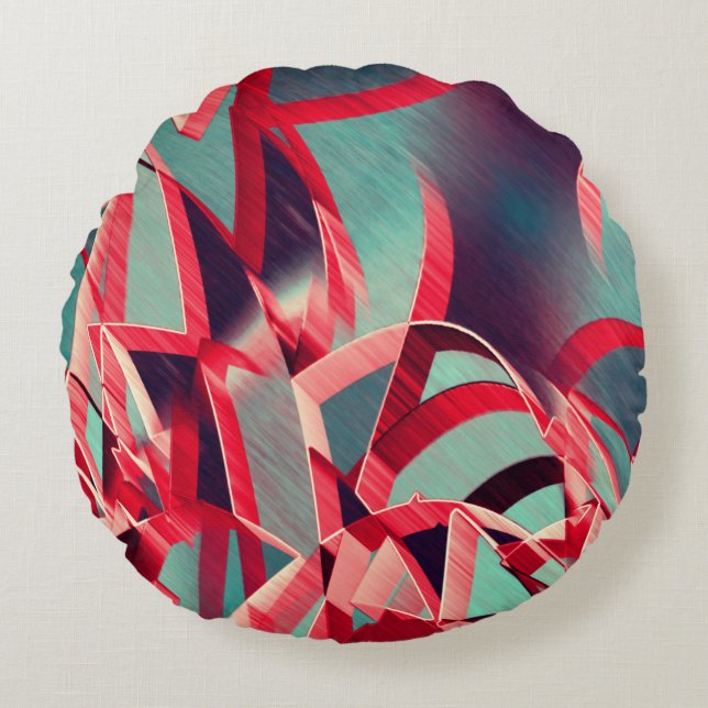 Böjd röd rosett band över blåaktigt grått rund kudde (Framsidan)