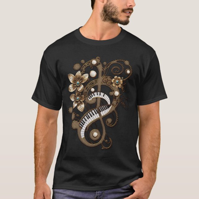 Böjda steampunk piano tangentbord. t shirt (Framsida)
