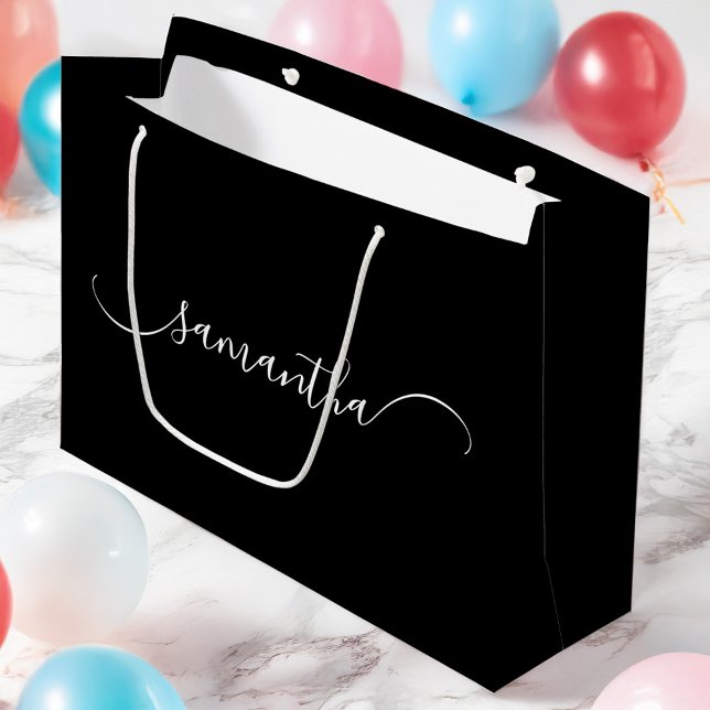 Böjda svarta och vita klasser Namnteckning Namn (Black and White Classy Curved Swash Signature Name Large Gift Bag)