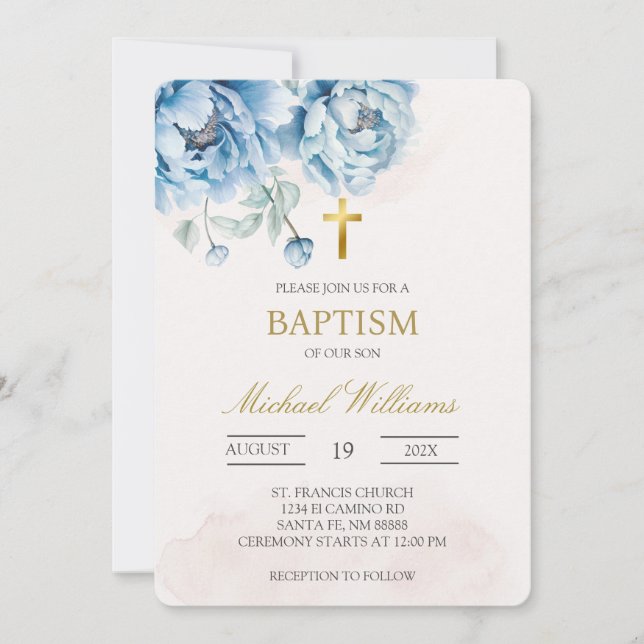 Böjning av blå blommigt-baptism inbjudningar (Framsida)