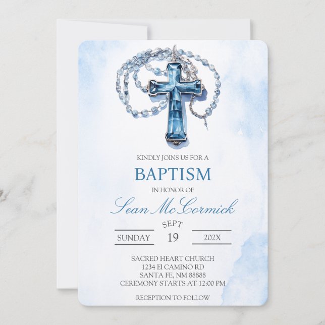 Böjning av blå Crucifix-baptism Inbjudningar (Framsida)