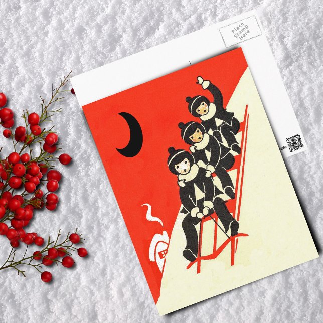 Bojor på ett vykort för Sled Winter Scene (Three boys riding red sled down snow covered hill Black moon house on red Postcard.)