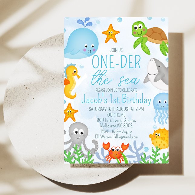 Bojor under sjön en gång under sjöns första födels inbjudningar (Boys Oneder the Sea 1st Birthday Invitation, Cute Boys First Birthday Ocean Sea Creatures Invite)