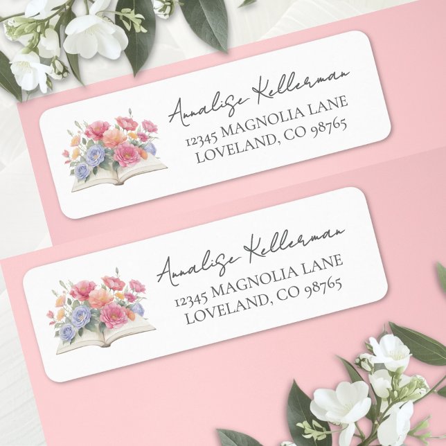 Bok Akvarell Blommig Bröllopsfest Returadress Etikett (Book Watercolor Floral Bridal Shower label )