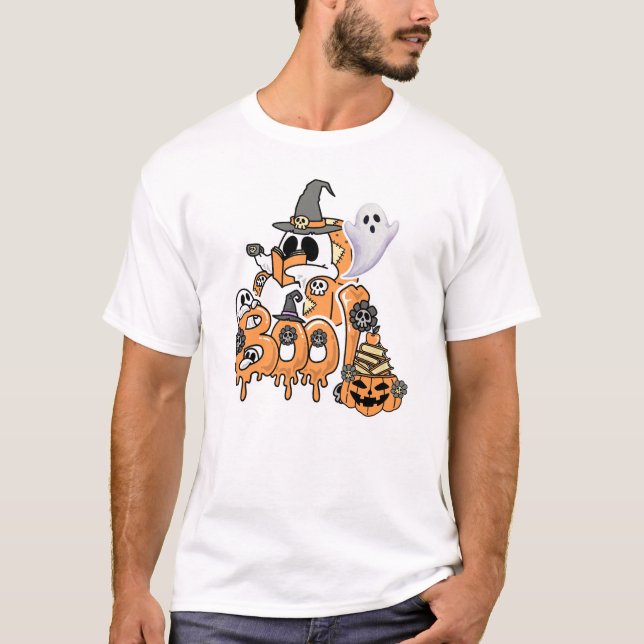 Bok Älskare Ghost med läsningen "Boo" Spooky Hallo T Shirt (Framsida)