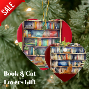 Bok Älskare Hjärtprydnadsdjur Katt Bibliotek Julgransprydnad Keramik