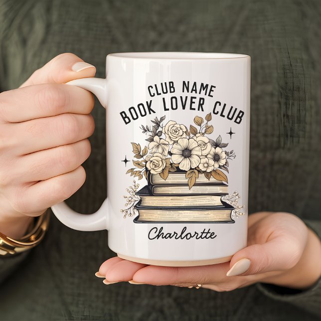 Bok Älskare Klubb Boho Mugg, skräddarsytt namn Kaffemugg (book lover mug, personalized mug, custom name mug, book flowers mug, boho mug, student gift mug)