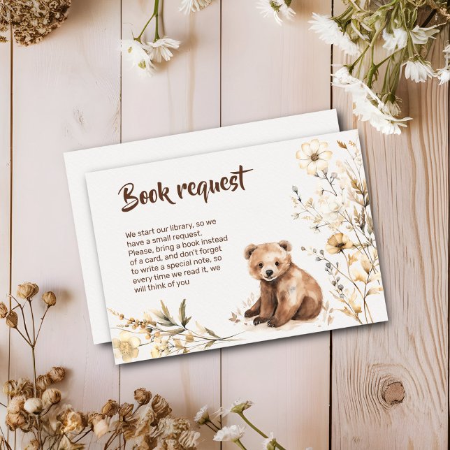 Bok begär att få använda skogblommblommornas dusch anteckningskort (Book for baby card with cute boho bear baby shower)