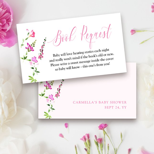Bok Begär Rosa WildblomBaby Shower Tilläggskort (Baby Shower book request cards from my Pink Wildflower Collection. Message me for co-ordinating item)