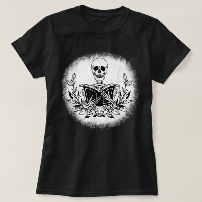 Bok bokmaskläsare Skeleton som läser Bok T-S T Shirt (Design framsida)
