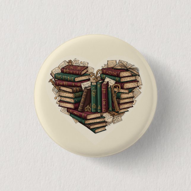 Bok Hjärtknapp | Vintage Estetisk Läsare Pin Knapp (Framsida)